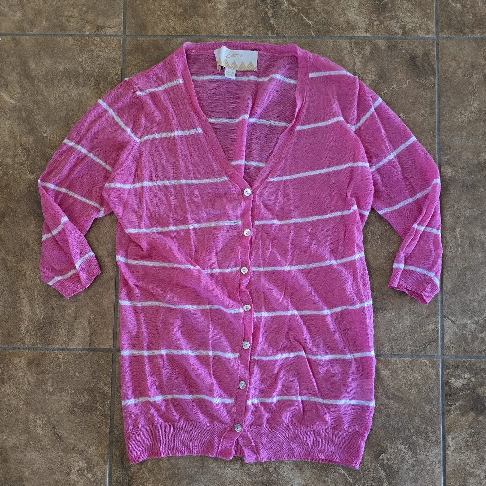 Pink Striped | BESTOW | Button Down Cardigan 3/4 Sleeve